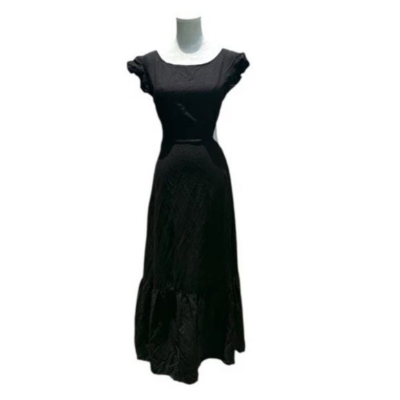 Jason Wu Open Back Linen Blend Tiered Hem Midi Sundress Black Flutter Sleeve M - Picture 1 of 11